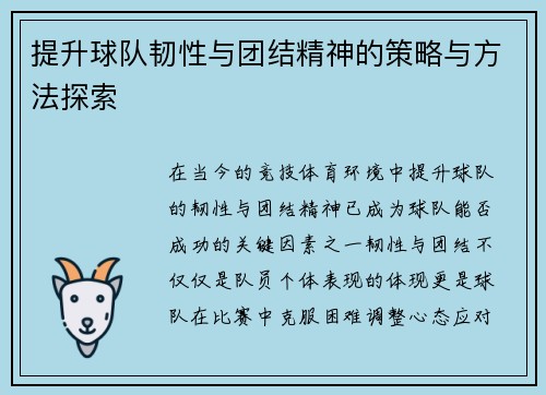 提升球队韧性与团结精神的策略与方法探索