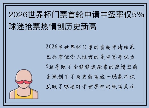 2026世界杯门票首轮申请中签率仅5%球迷抢票热情创历史新高